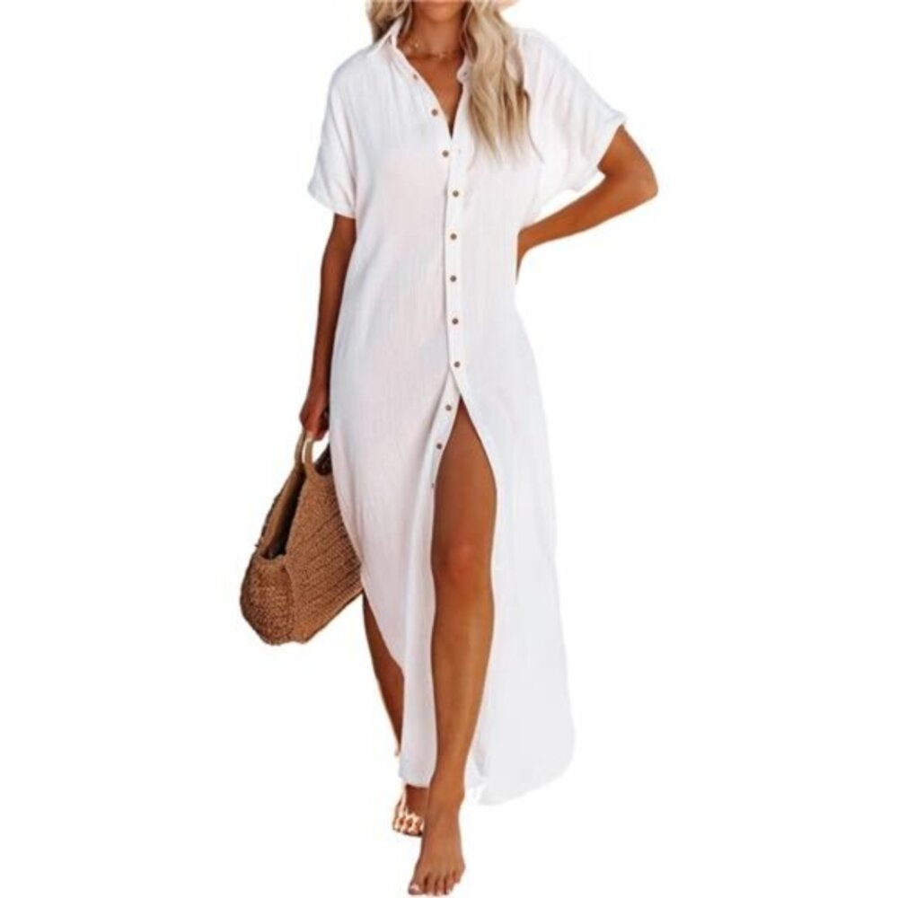 Women Casual Short Sleeve Side Split Button Down Long Kimonos Cardigans Swimsuit
